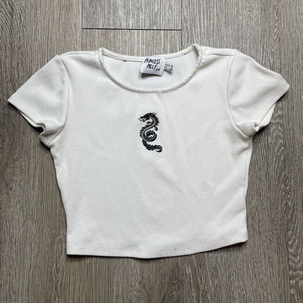 Princess Polly White Dragon Graphic Ribbed Crop Top Tee Y2K Size 4